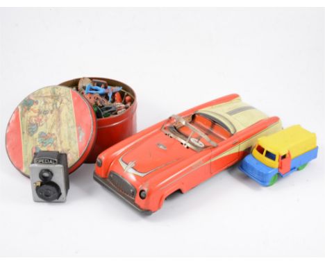 Selection of vintage plastic and tin-plate toys, including examples by Rosebud, along with some vintage tins.