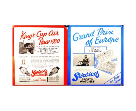 Two vintage motor racing posters - Kings Cup Race 1930 with Services sport watches advertising, and Grand Prix of Europe Spa 