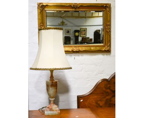 Modern gilt framed mirror, 87cm x 57cm, together with an onyx table lamp with shade, 43cm high, (2).