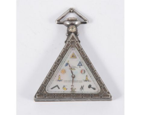 An early 20th Century Masonic pocket watch of triangular form, the mother of pearl dial decorated with Masonic emblems, marke