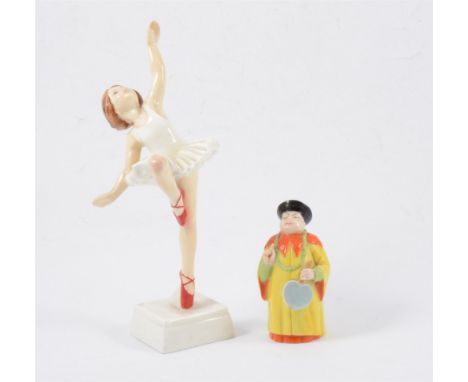 Royal Worcester candle snuffer, Chinaman with a fan, 9cm and a Royal Worcester figure of a ballet dancing girl, "Red Shoes", 