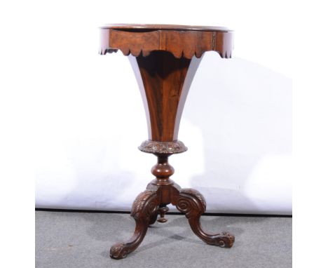 Victorian walnut trumpet work table, marquetry inlaid top, fitted interior, tapering box, carved and scrolled tripod legs, he