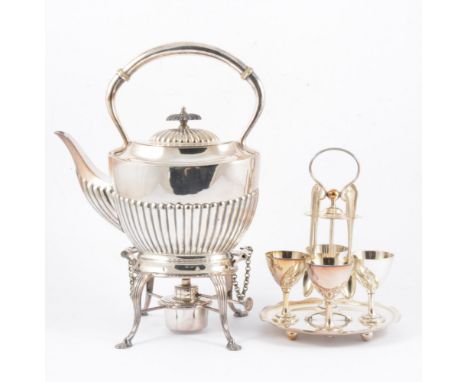 Tray of silver plated ware; three piece tea set, kettle on stand, muffin dishes, cruet, silver button hook, cased silver coff