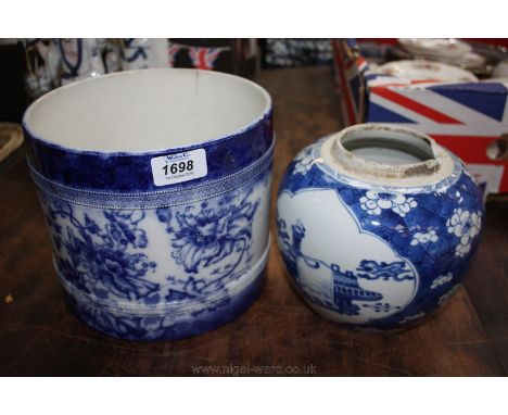 A blue and white floral pattern Planter, 7" tall with some cracks, and an old blue and white oriental pattern Ginger Jar, a/f