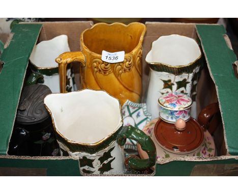 Three graduated Jugs in Ivy pattern, a small Hammersley violet decorated boot, Wedgwood lidded pot and saucer, Coffee pot wit