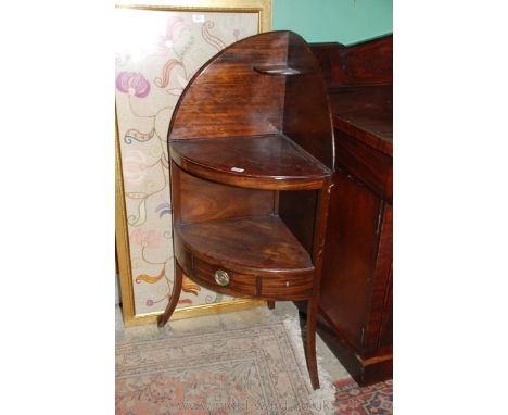 A Georgian bow fronted Mahogany Corner Washstand with large galleried back and upper small corner shelf, over the two lower s