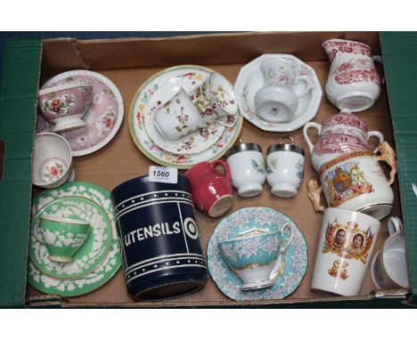 Assorted china including three commemorative mugs, two Royal Worcester egg coddlers, etc.