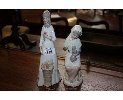 A Nao figure of a woman with a rabbit, 7 1/2'' tall and a Spanish porcelain figure of a woman with roses 'Elvira', 9 1/2'' ta