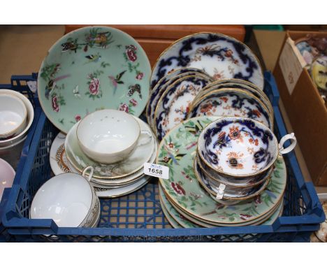 A quantity of Oriental style china including Japanese trio with dragon decoration, Chinese trio with bird decoration and one 
