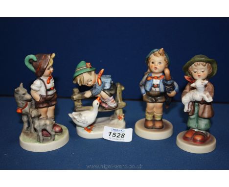 Four Goebel ''Hummel'' figures including a boy and goose, 'Boy Shepherd', 'Home from Market' and 'Little Goat Herder'.