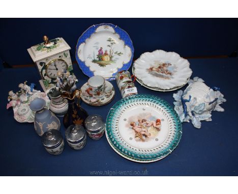A quantity of china including three Royal Worcester egg coddlers, Masons clock, highly decorated wall pocket, ink stand, coff