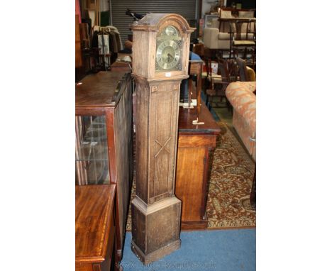 A 1920's style Oak 'Tempus Fugit' Grandmother Clock, having arch top hood with brass and alloy Roman numeral face and eight d