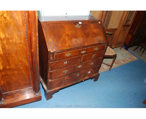 A Georgian Walnut Bureau having strip veneered top over the cross-banded strip veneered fall front, opening to reveal eight p