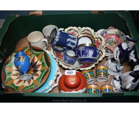 A quantity of china including dark blue Jasperware bowl with epns rim, lidded jug, small sugar bowl, Adams 1937 Coronation mu