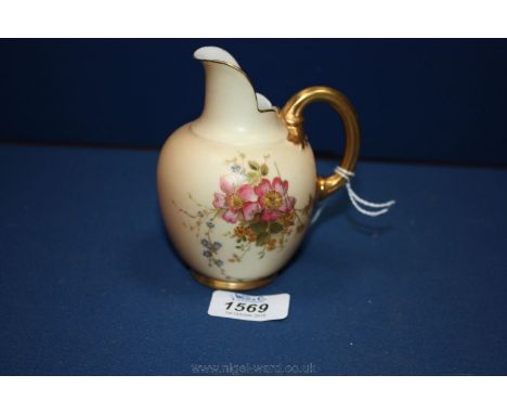 A Royal Worcester blush, hand-painted Jug with gilt handle.