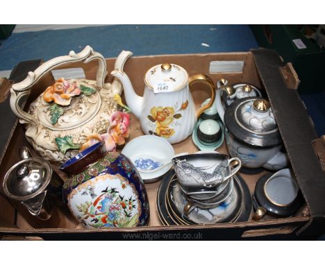 A box of miscellaneous china including Capo di Monte kettle, oriental Teaset, Royal Worcester silvered coffee pot, etc.