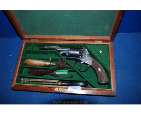 A cased Webley type Percussion Revolver having five shot cylinder, 4 1/2'' hexagonal barrel blacked all over, with powder fla