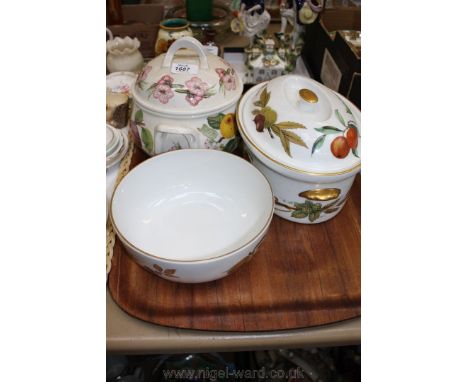 A Portmeirion 'Romona' casserole dish with a lid and a Royal Worcester Evesham pattern fruit bowl and an oval Evesham pattern