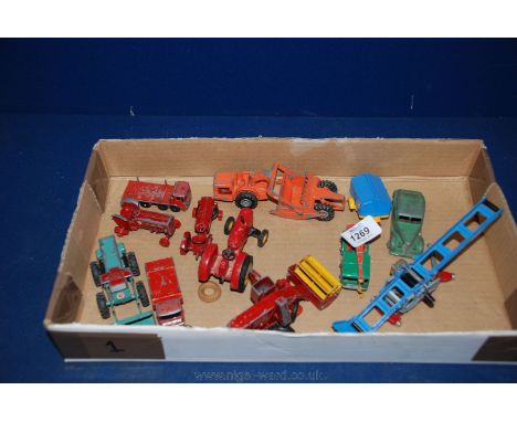 A small quantity of Farm vehicles by Dinky and Matchbox including bale elevator, tractor, combine, crane, lorries, etc., a/f.