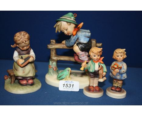 Four Goebel ''Hummel'' figures including a boy with toy horse and horn, girl with flowers, 'Busy Student' and 'Retreat to Saf