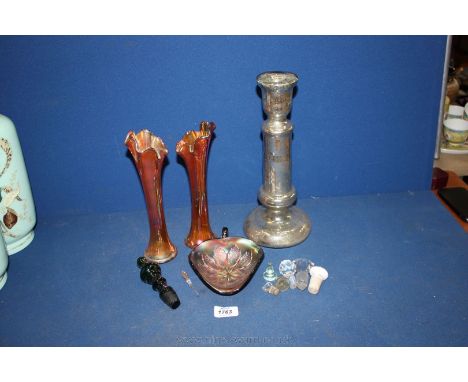 A quantity of assorted glass bottle Stoppers, pair of orange glass vases and silver coloured glass Candlestick.