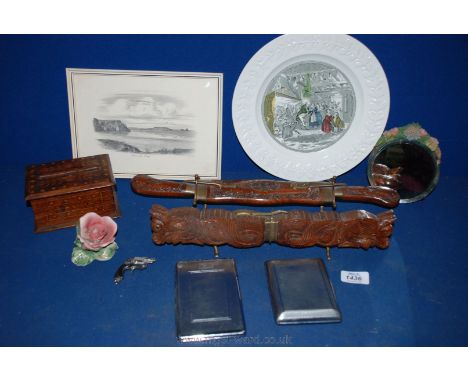 A quantity of miscellanea including pencil sketch of Rhossili Bay, Indian carving sets, cigarette box, cases and novelty ligh