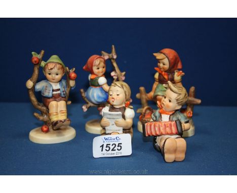 Five Goebel 'Hummel' figures including 'Just Resting', Girl sitting down singing, Boy playing accordion, Apple Tree boy and g