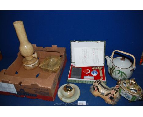 A quantity of miscellanea including oriental calligraphy box 'Four Treasures of the Study', dragon teapot and lidded dish, ma