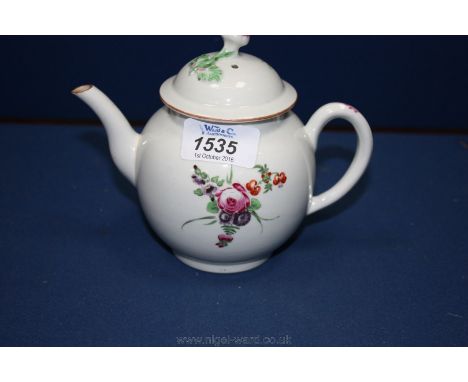 A rare small Dr Wall Worcester 18th c. globular Teapot painted with on-glaze enamels of flowers, the lid with bud finial and 