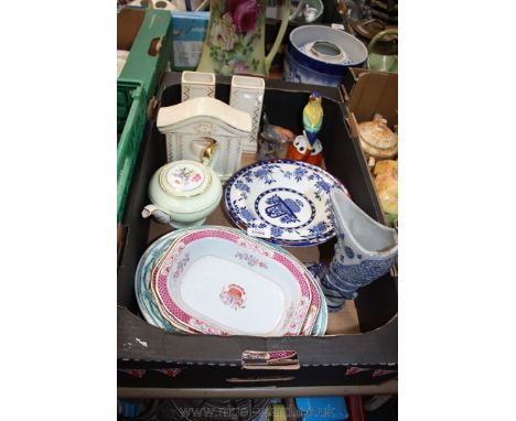 A quantity of china including mantle clock and two vases, Copeland Spode dishes, etc. 