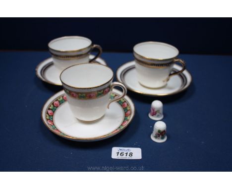 Two Victorian porcelain Cups and saucers with dark blue and gilt rope decoration and a Royal Worcester Cup and saucer, a/f.