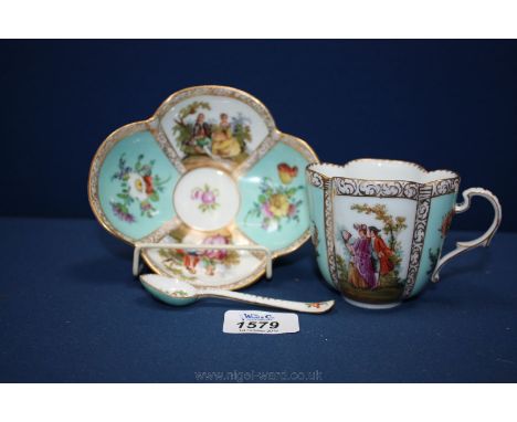 A Dresden porcelain hand-painted Cup, Saucer and Spoon, the panels being decorated with romantic scenes