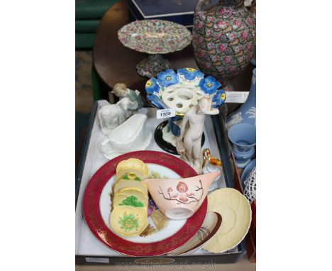 A quantity of china including Coalport Countryware mint sauce jug and saucer, girl and lamb figure, two red Limoges plates, C