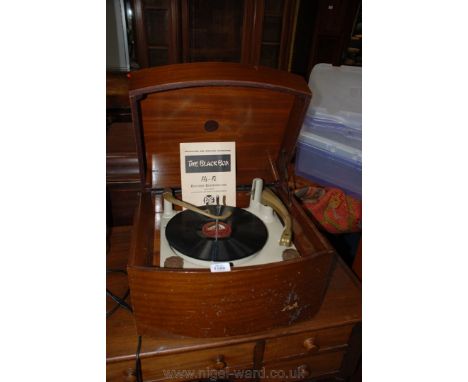 A Pye Black box early electric valve Table Top Gramophone having bow fronted Mahogany case, opening to reveal the deck, with 