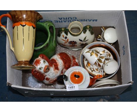 A quantity of china including Myott & Son art deco Jug, lustre bon bon dish, Staffordshire spaniel, Phoenix china lustre coff