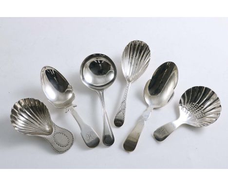 VARIOUS:- Six assorted George III / IV caddy spoons (four with initials), mixed makers &amp; dates;  the longest one 4"  (10 