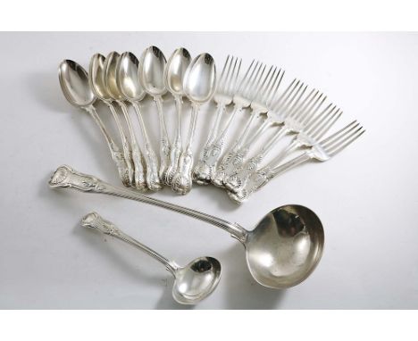 A PART SET OF VICTORIAN KING'S PATTERN FLATWARE (diamond shell heel), to include:- Seven table spoons, three table forks, a s