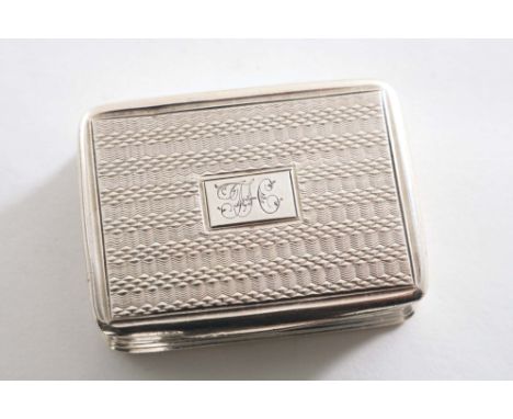 AN EARLY VICTORIAN RECTANGULAR VINAIGRETTE with engine-turning and slightly concaved, reeded sides, the cover initialled "JS-