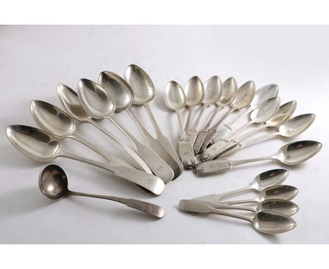 A SET OF SIX GEORGE III SCOTTISH OAR PATTERN TABLE SPOONS &amp;   FOUR TEA SPOONS, initialled "G", by Francis Howden, Edinbur