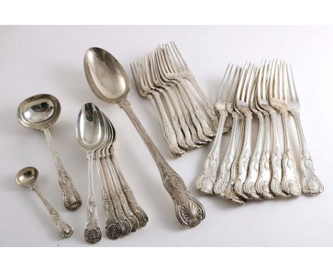 ASSORTED KING'S PATTERN FLATWARE (DIAMOND SHELL HEEL) TO INCLUDE:- A basting spoon, a sauce ladle, eight dessert forks, five 