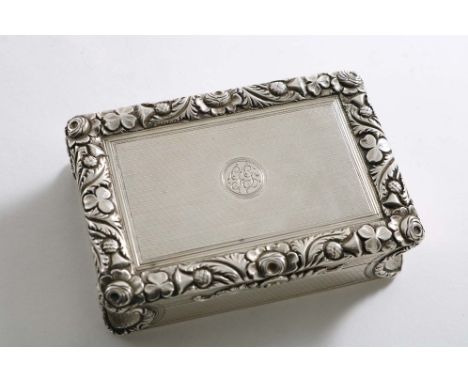 A WILLIAM IV SNUFF BOX rectangular with engine-turned decoration and incurved corners, decorated around the cover with a rais