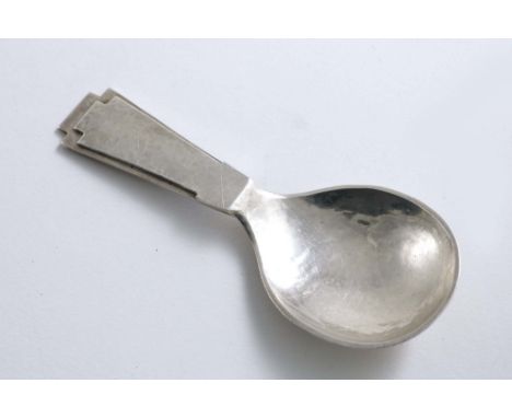 AN ART DECO HANDMADE CADDY SPOON with a hammered finish and a stepped &amp; flaring stem, by Kathleen Mary Hutchen with Jubil