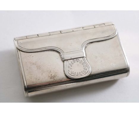 A GEORGE III SNUFF BOX made to resemble a leather clutch bag with a flap closure and a small engraved wreath cartouche, gilt 