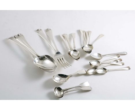 A SMALL MIXED LOT OF FLATWARE:- A pair of George III table spoons, initialled, another George III table spoon, two table fork