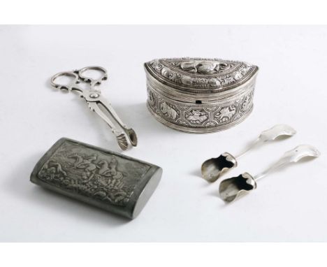 A MIXED LOT:- A Straits/Malaysian lime powder box of demi-lune form with chased panels of animals &amp; a dragon on the base,