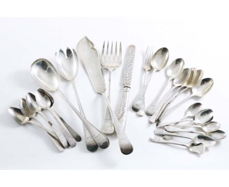 A MIXED LOT:- A pair of salad servers, sixteen various tea/coffee spoons, a salt shovel, a fish serving knife &amp; fork, and