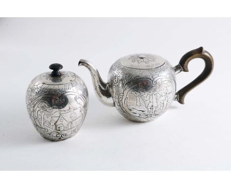 A LATE 19TH CENTURY DANISH SMALL BULLET TEA POT &amp; MATCHING TEA CADDY with chased decoration, each with a tranquil country