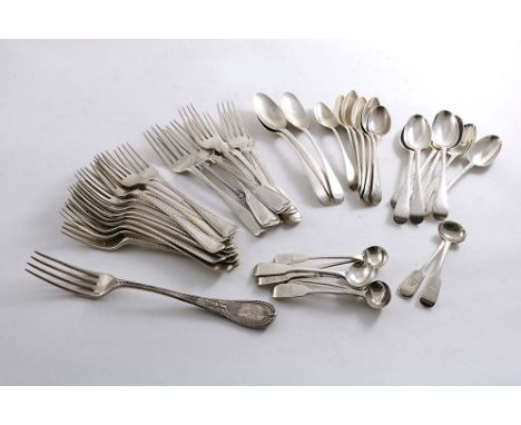 ASSORTED FLATWARE:- One table fork, eight dessert forks, three dessert spoons, seven tea spoons, nine salt spoons together wi