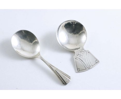 AN ART DECO CADDY SPOON with a stepped triangular stem, by Suckling Ltd., Birmingham 1935 with Jubilee mark, another Art Deco
