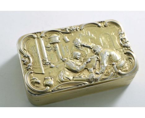 A WILLIAM IV SILVERGILT SNUFF BOX rectangular with rounded corners and engine-turned sides &amp; base, the cover with a Dutch